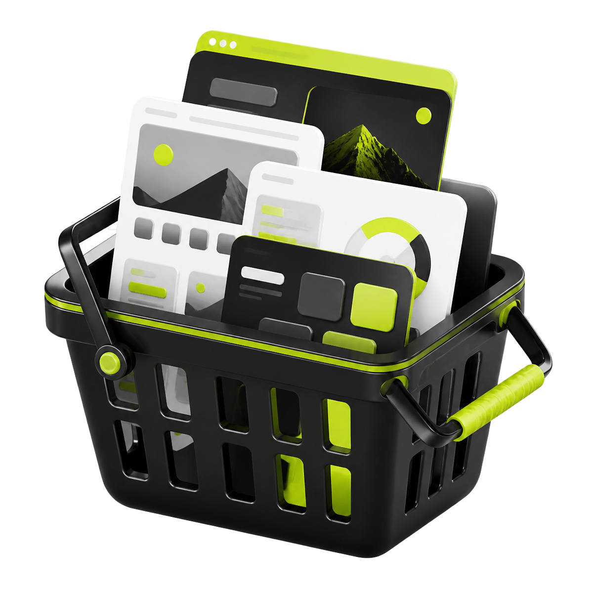 Illustration of a shopping basket holding ready-made website screens
