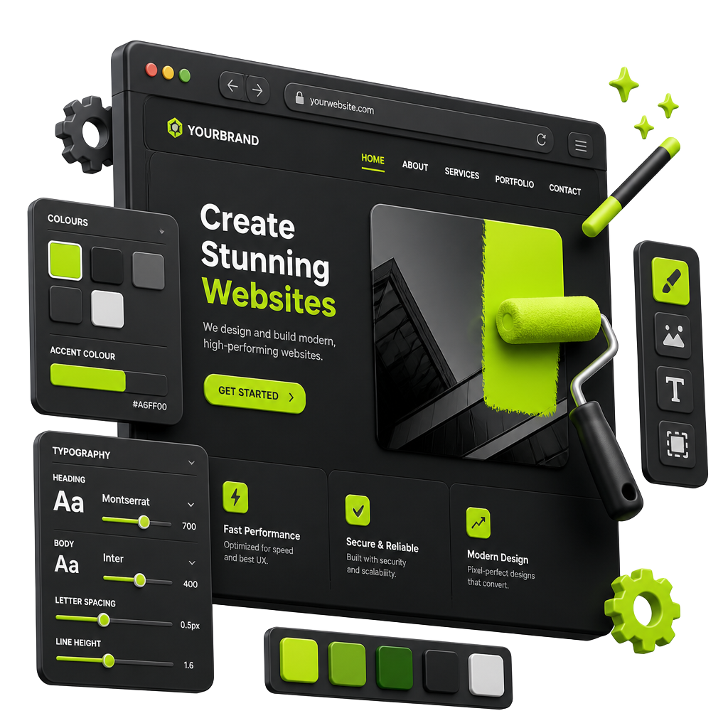A design control panel repainting a website layout, with colour swatches and typography