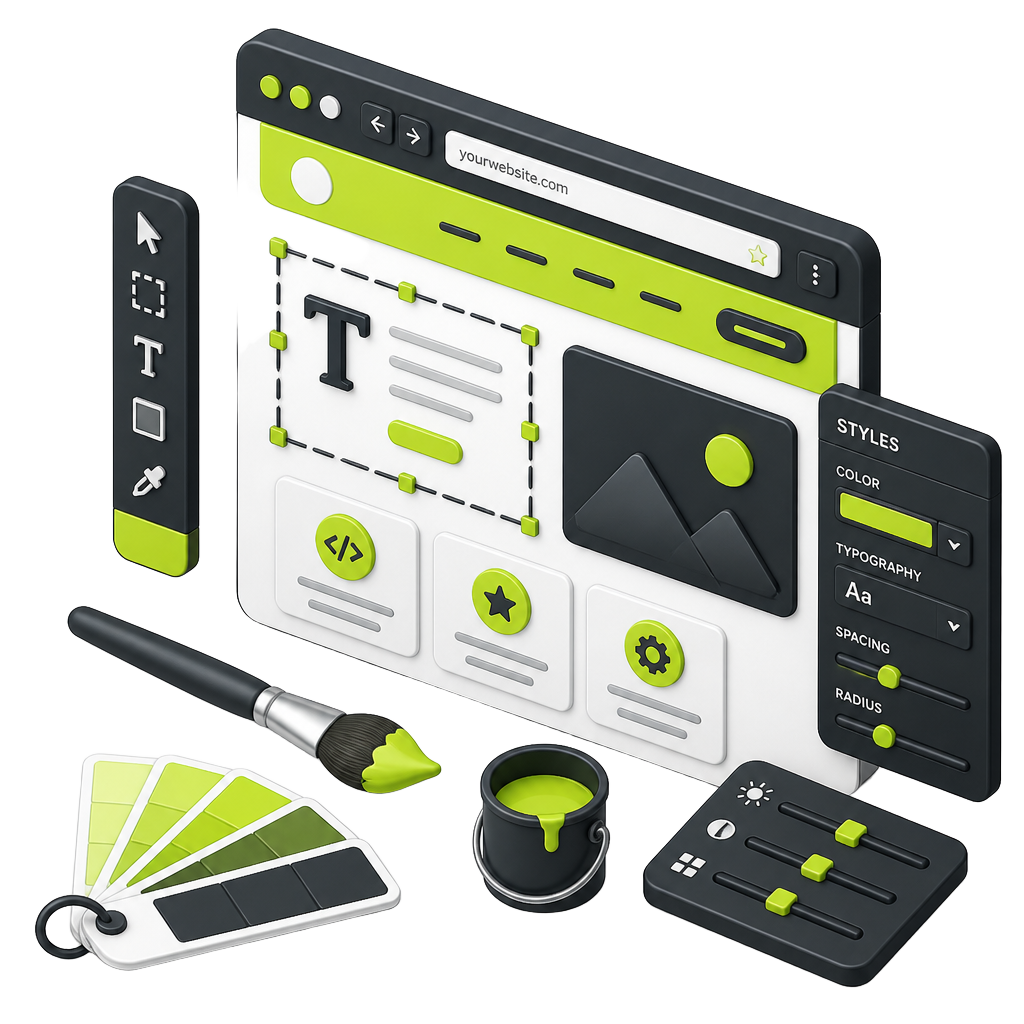 Illustration of design tools restyling a website