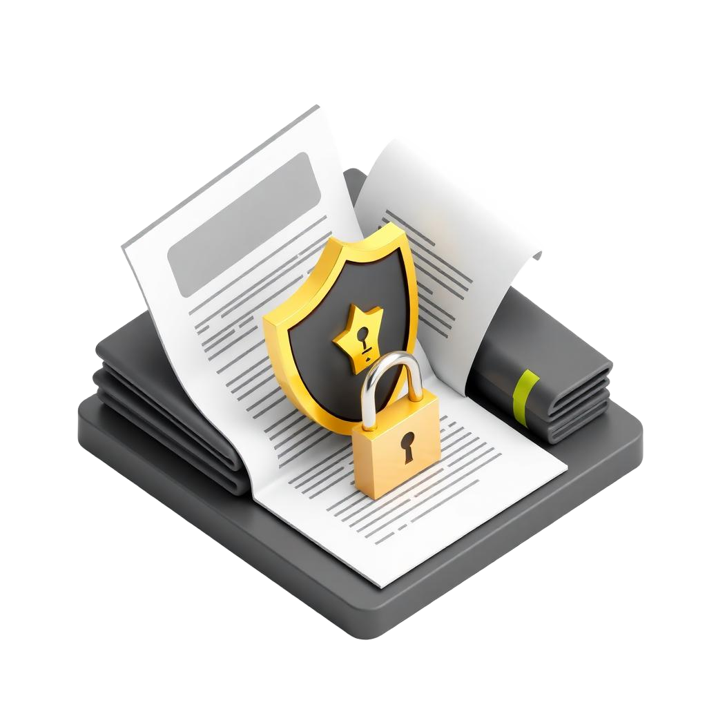Illustration of legal documents with a shield and padlock