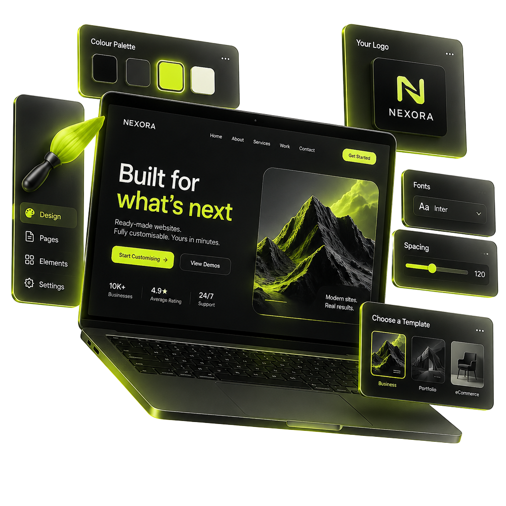 A ready-made website being customised with brand colours, logo and fonts