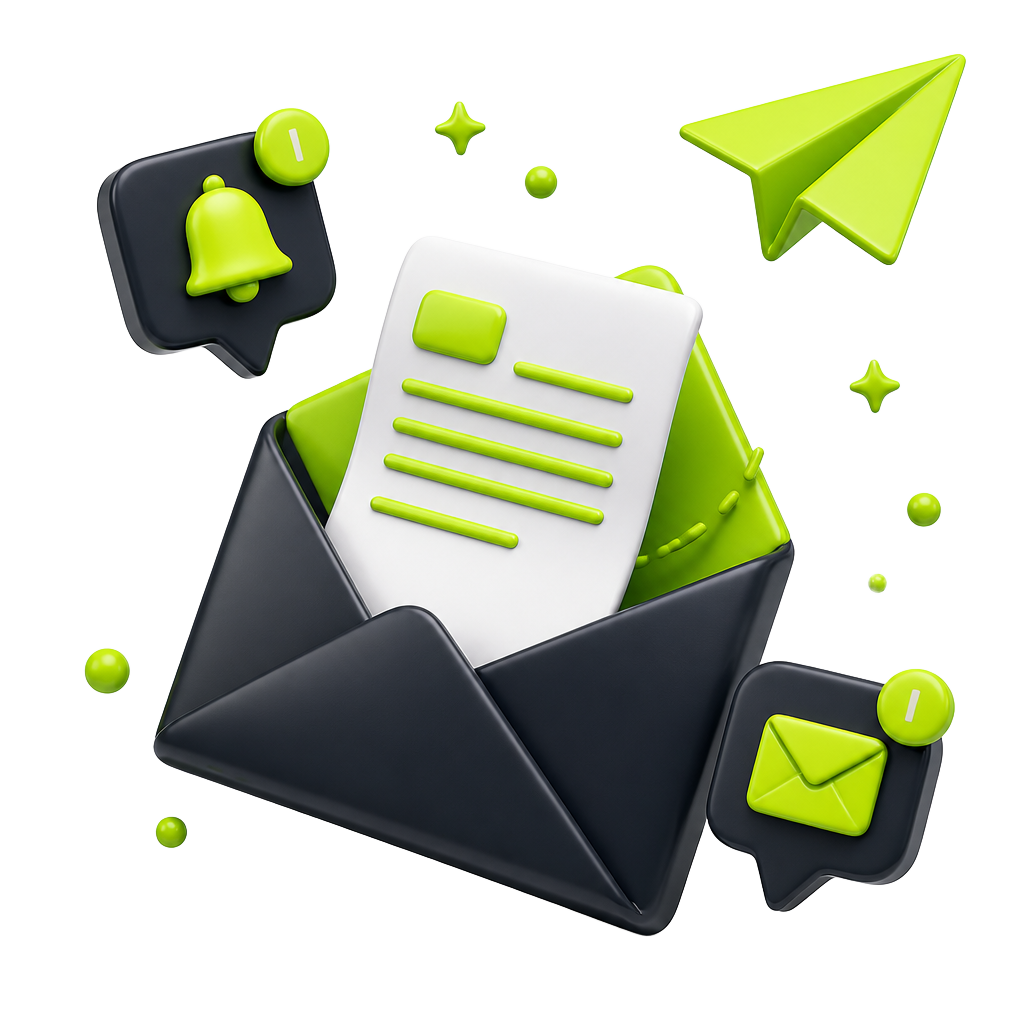 An open envelope with a newsletter flying out