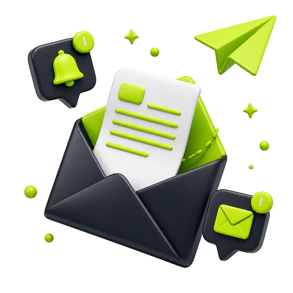 An open envelope with a newsletter flying out