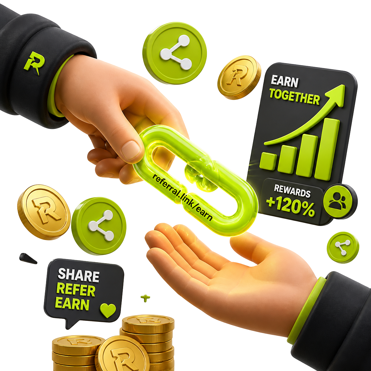 Two hands passing a glowing referral link, surrounded by share icons and reward coins