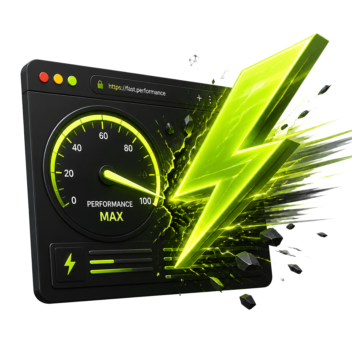 Lightning bolt bursting from a browser window with a performance dial pinned at maximum